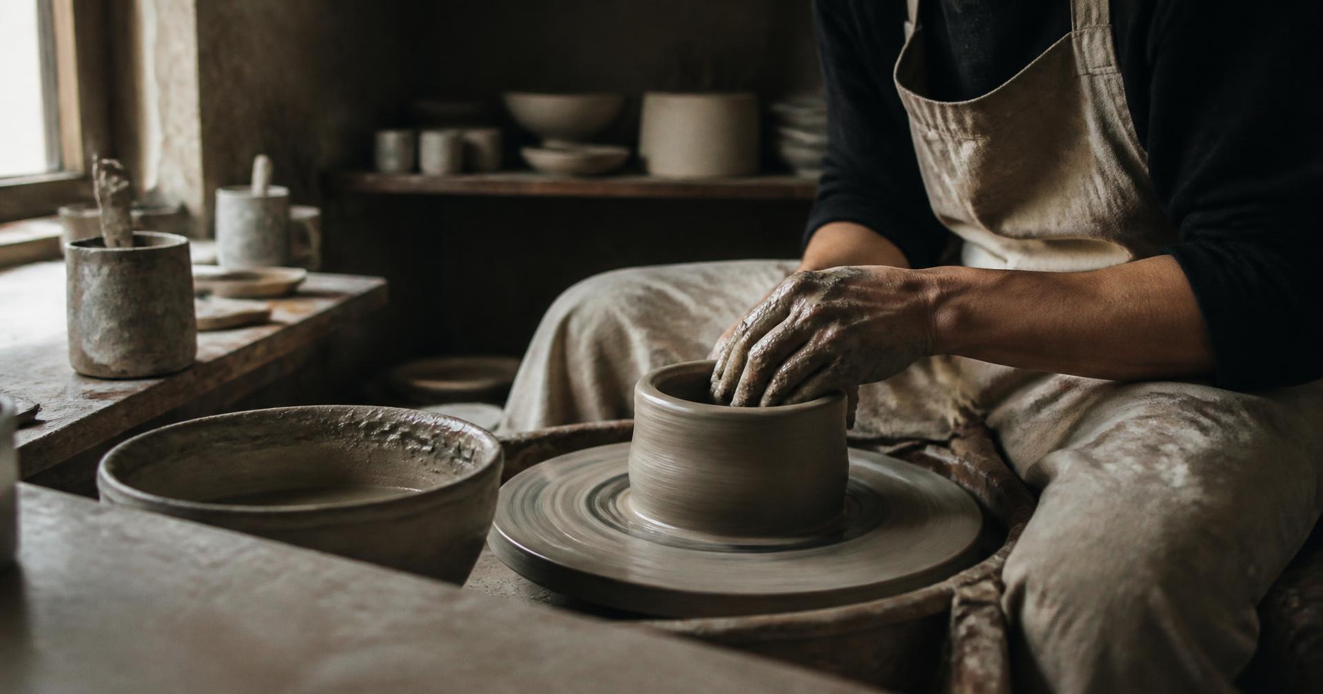 A potter's clay-covered hands shaping a vessel on the wheel in a daylit studio